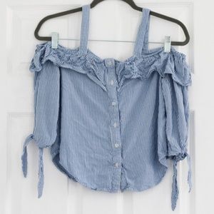 PINSTRIPED OPEN SHOULDER TOP | LOVE, FIRE